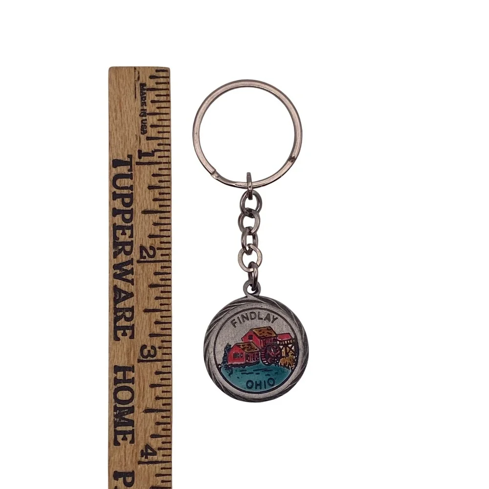 Vintage 1983 Spooniques Findlay Ohio Water Mill Pewter Keychain Souvenir Silver